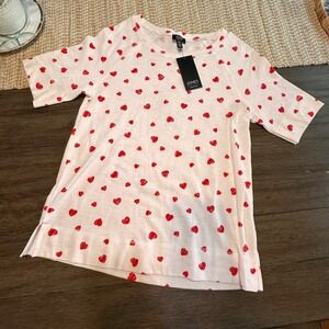 Jones New York Signature Top Medium White Red Hearts Short Sleeve NWT MSRP $60